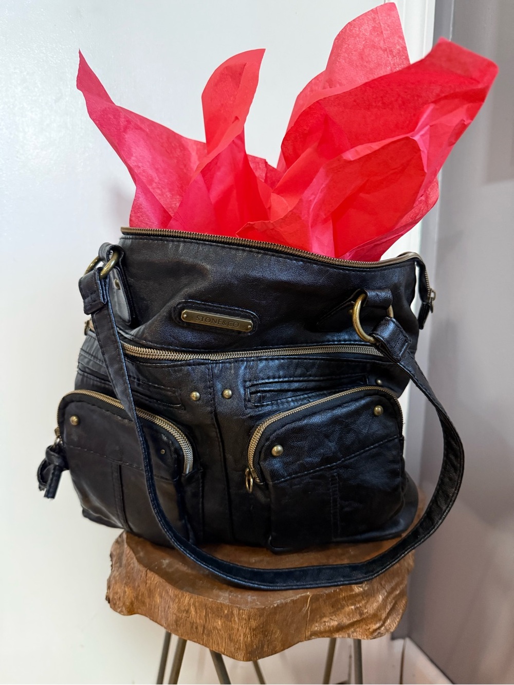 Stone & Co Black Shoulder Bag with Zipper Pockets & Brass Tone Hardware